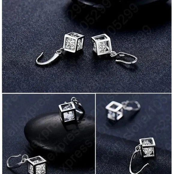 925 Sterling Silver Earrings With Necklace Set Bundle Square Gift Minimalist - Picture 5 of 8